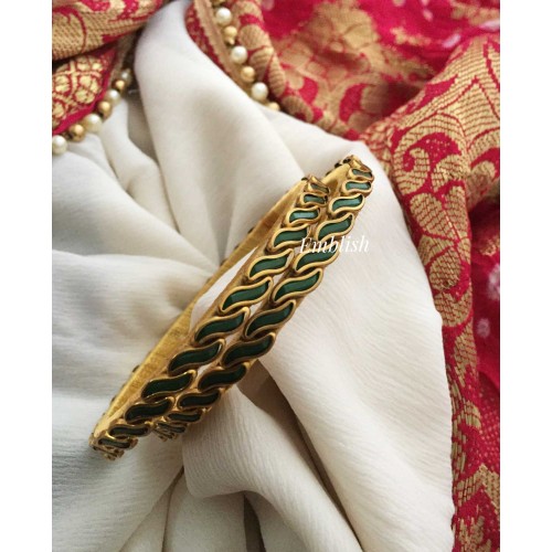 Silk Thread Thin Kundan Stone Bangles - Green