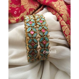 Silk Thread Flower Kada Bangle - Blue with pink Matt