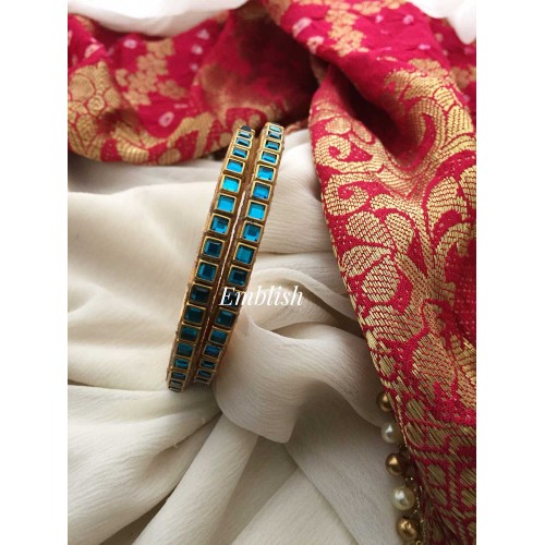 Silk Thread Square Kundan Stone Bangles - glossy  Blue