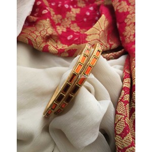 Silk Thread Rectangle Kundan Stone Bangles - Orange