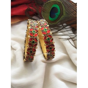 Silk Thread Flower Kada Bangle - Red with Green