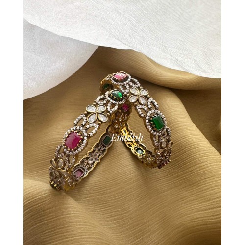 Antique Victorian Oval Flower Kada Bangle - Red with Green