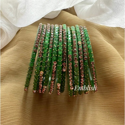 Parrot Green Gold Stone Thilak Glass Bangles