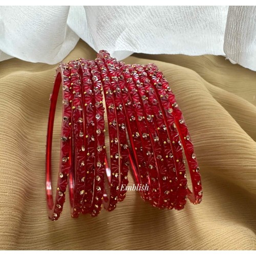 Maroon Flower Gold Stone Glass Bangles