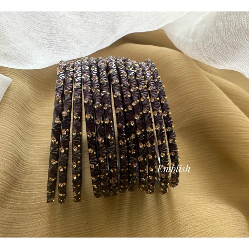 Wine Colour Flower Gold Stone Glass Bangles
