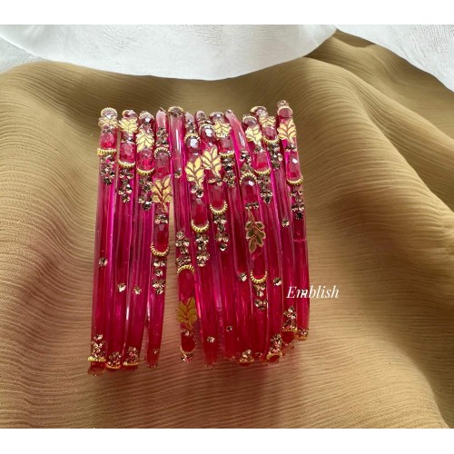 Pink Leaf Half Moon Glass Bangles