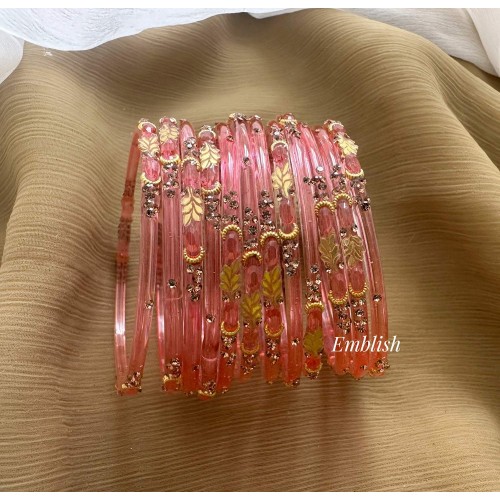 Pink Leaf Half Moon Glass Bangles