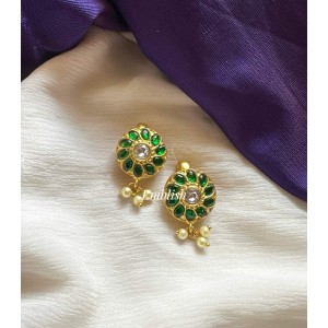 Kundan Jadau Flower Pearl Drop Bugadi Style Earring - Green