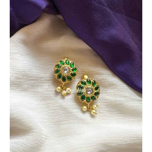 Kundan Jadau Flower Pearl Drop Bugadi Style Earring - Green