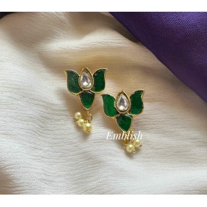 Kundan Jadau Lotus Pearl Drop Bugadi Style Earring - Green