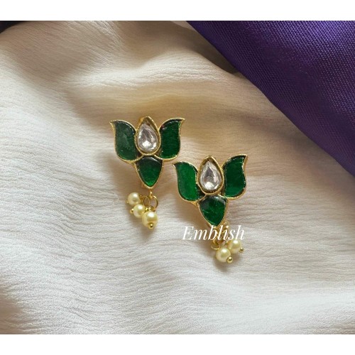 Kundan Jadau Lotus Pearl Drop Bugadi Style Earring - Green