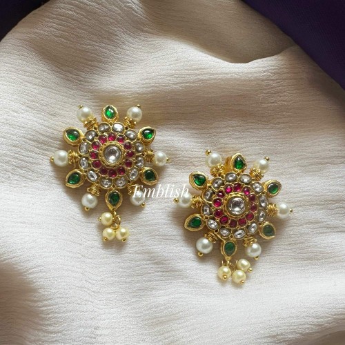 Kundan Jadau Flower Pearl Bugadi Style Earrings