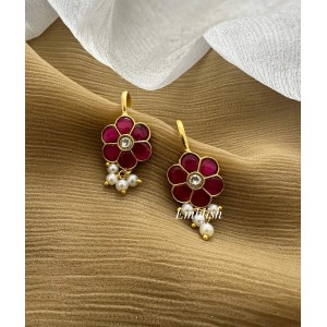 Kundan Jadau Flower Pearl drop Bugadi Earrings - 1 Kundan Jadau Flower Pearl drop Bugadi Earrings - 1