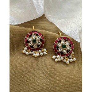 Kundan Jadau Flower Pearl Drop Bugadi Earrings - Red with Green