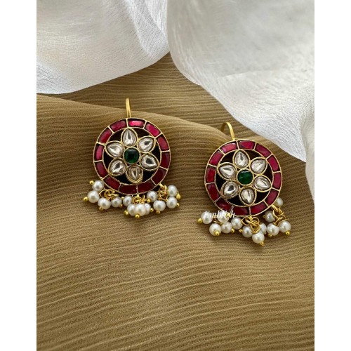 Kundan Jadau Flower Pearl Drop Bugadi Earrings - Red with Green