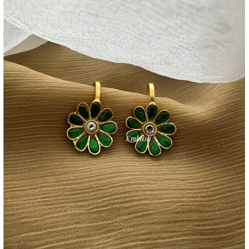 Antique Kundan Jadau Flower Bugadi Earrings - Green
