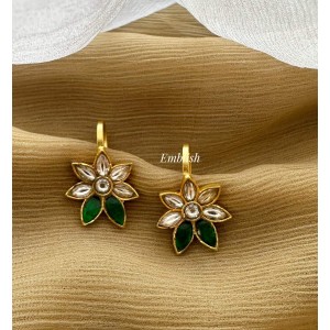 Kundan Jadau Flower Pearl Drop Bugadi Earrings - Green Kundan Jadau Flower Pearl Drop Bugadi Earrings - Green