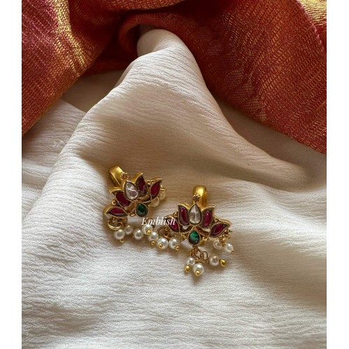 Antique kundan jadau Lotus pearl Drop Bugadi Earrings