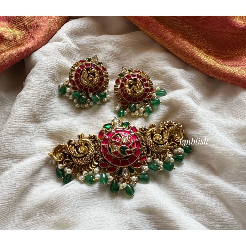 Kundan Jadau Peacock High Neck Choker - Green Beads