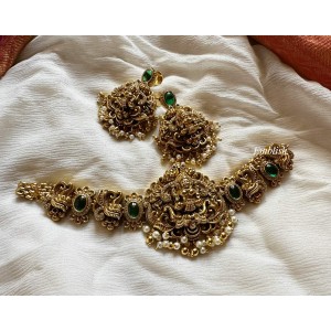 Antique Lakshmi with Double Haathi Flower Choker - Green