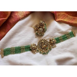 Antique Lakshmi with Double Peacock Green Bead Choker 
