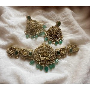 Antique Lakshmi with Double Haathi Flower Choker - Pastel Beads