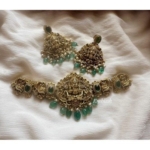 Antique Lakshmi with Double Haathi Flower Choker - Pastel Beads