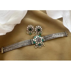 Oxidized Kundan Mossanite Stones  Flower Pendant High Neck Choker