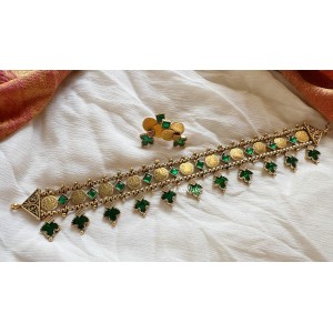 Antique Lakshmi Coin with Flower Drop high Neck Choker - Green