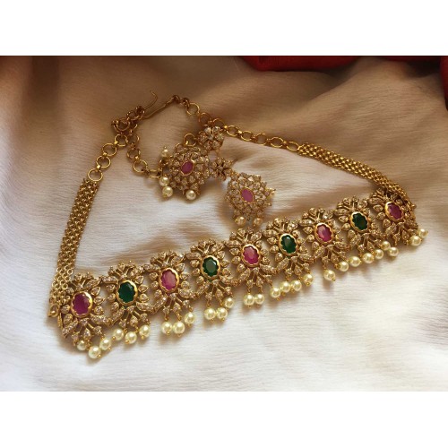 Gold alike AD Stones with Pearl High neck Choker - Red with Green