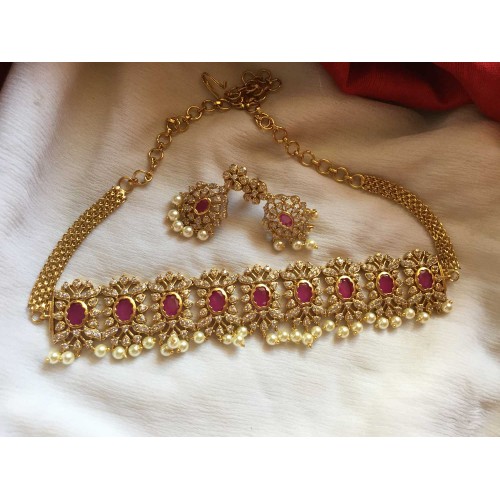 Gold alike AD Stones with Pearl High neck Choker - Red 