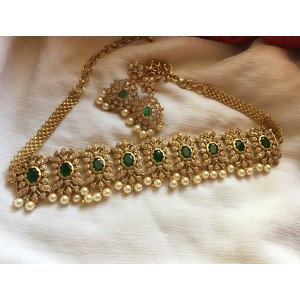 Gold alike AD Stones with Pearl High neck Choker - Green