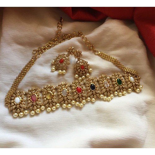  AD Stones Navarathna with Pearl High neck Choker 
