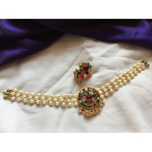 Kemp Navarathna Flower Pendant Pearl high neck choker