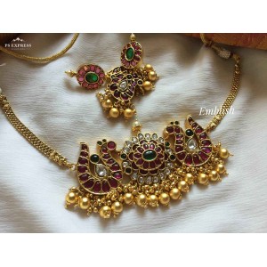 Antique Flower Kemp peacock with double beads Choker - Gold Beads.