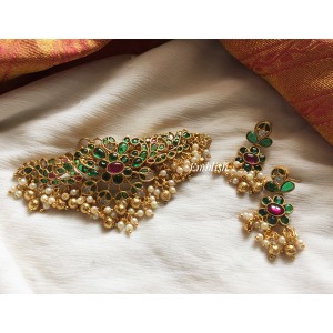 Kemp Flower with Double Peacock High Neck Choker - Gold Beads.