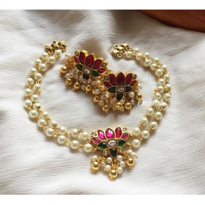 Kundan Jadau Lotus Pearl High neck choker - Red with Green