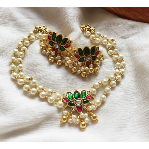 Kundan Jadau Lotus Pearl High neck choker - Green with red