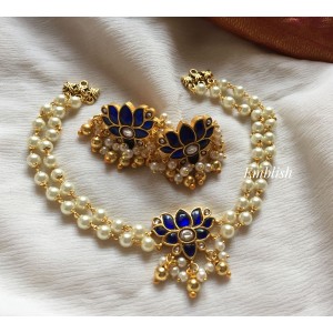 Kundan Jadau Lotus Pearl High neck choker - Blue