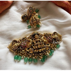 Lakshmi with Double Peacock Flower Choker - Green Beads