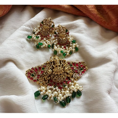 Kundan Jadau Lakshmi with Peacock Intricate Choker - Green Beads
