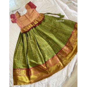 Traditional Pattu pavadai or Lehenga set - Pastel Green with Pink