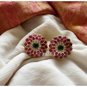 Royal Kundan Jadau Flower Stud - Red with Green