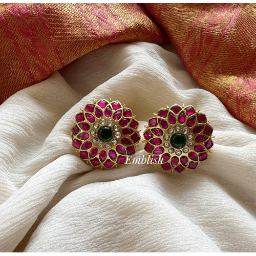 Royal Kundan Jadau Flower Stud - Red with Green