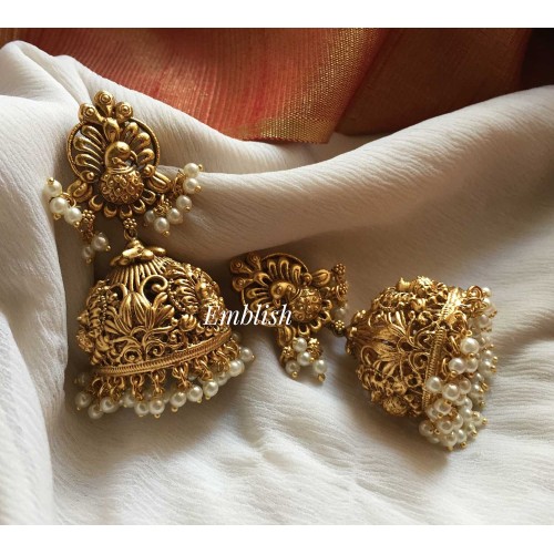 Peacock gold alike jhumka with pearl drops 