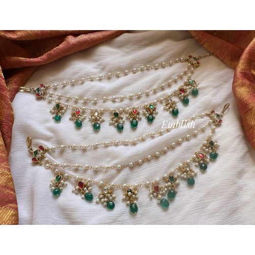 Royal Kundan jadau Tear Drop Pearl Layer Heavy Earchain  - Green Beads