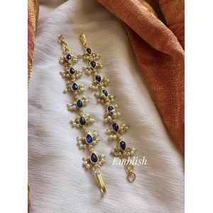 Kundan Jadau Thilak Pearl Drop Single Strand Earchain - Royal Blue