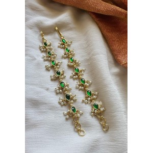 Kundan Jadau Thilak Pearl Drop Single Strand Earchain - Green
