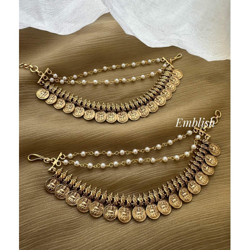 Antique Peacock Lakshmi Coin Pearl Triple Layer Earchain