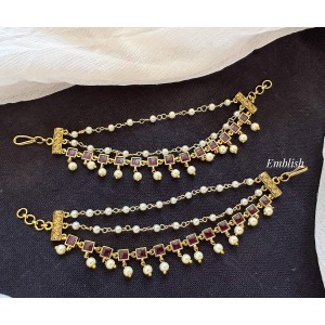 Antique Square Kemp Pearl Triple Layer Earchain - Red